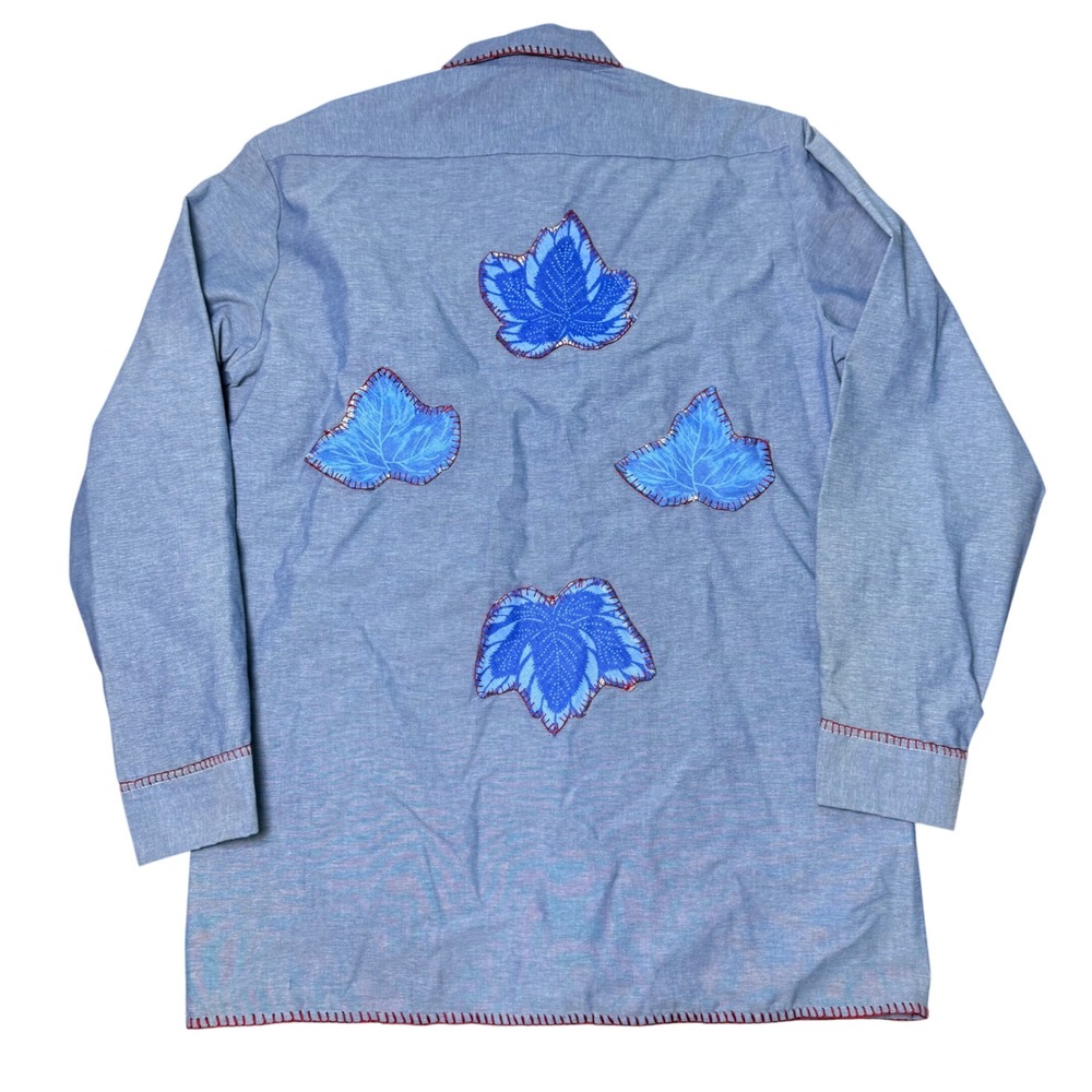 Vintage Dickies Chambray Embroidered Button Down Top Chickens Blue Grannycore - Picture 2 of 8